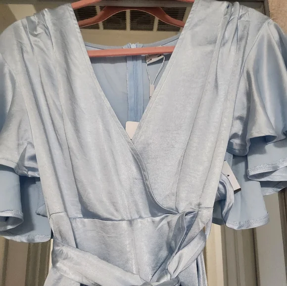 SOLD Selfie Leslie CAMI ANGEL SLEEVE FAUX WRAP DRESS STEEL BLUE - Picture 13 of 16
